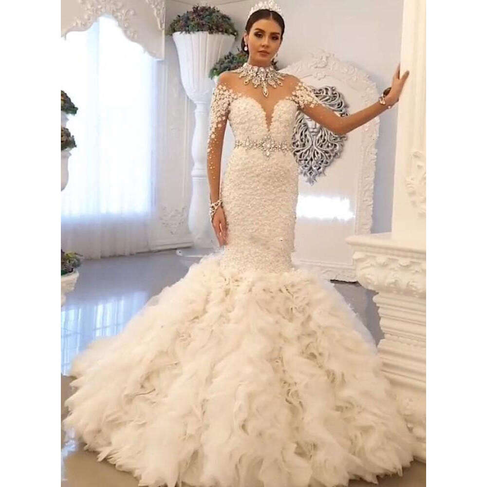 Wedding Dresses Mermaid High Neck Long Sleeve Cascading Ruffles Crystal Beads Illusion Chapel Bridal Gowns