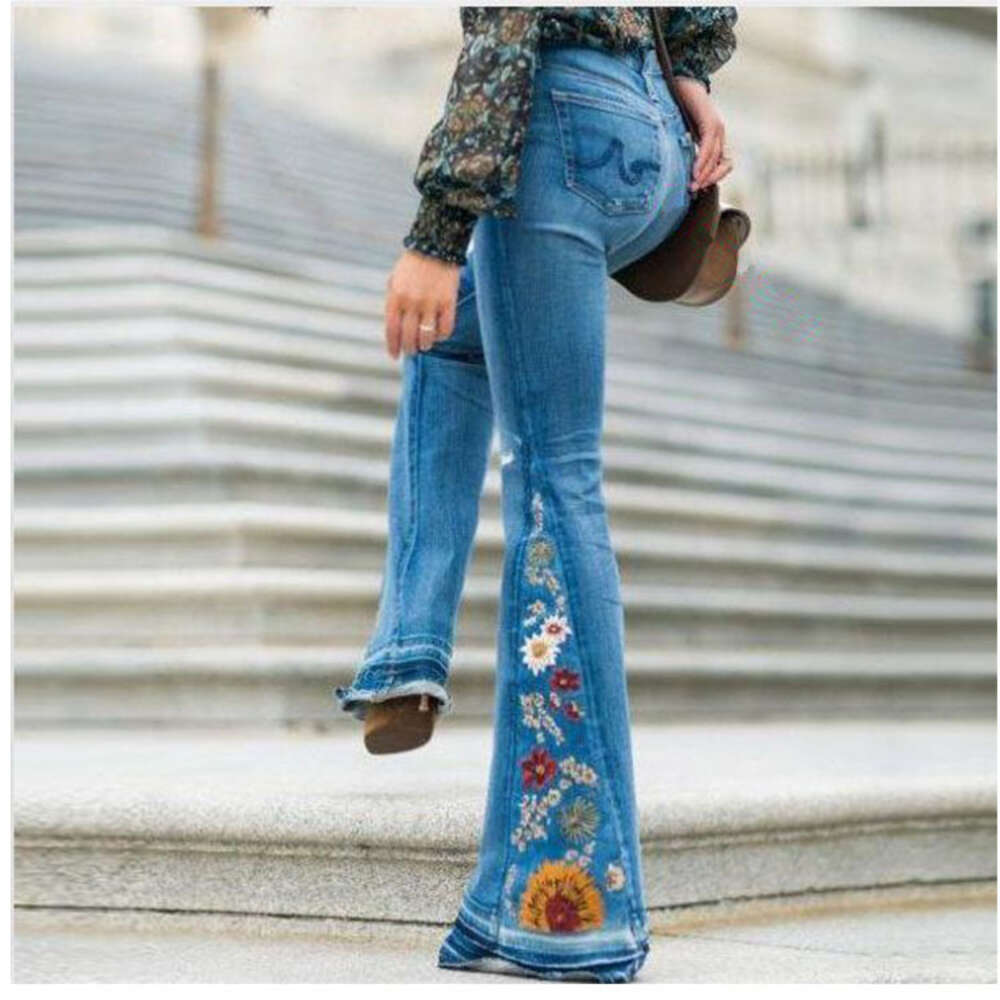 2024 Summer Casual Women's Denim Elegant Slim Applique Pattern Fashion Jeans Plus Size-women denim Flared Pants