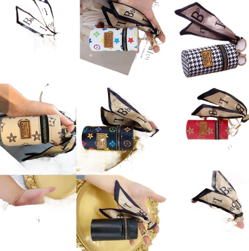 Lipstick Bag Keychains Letter Silk Scarf Key Chains Ring Fashion PU Leather Coin Purse Case Pendant Keyring Charm Jewelry for Men Women Gifts multicolor