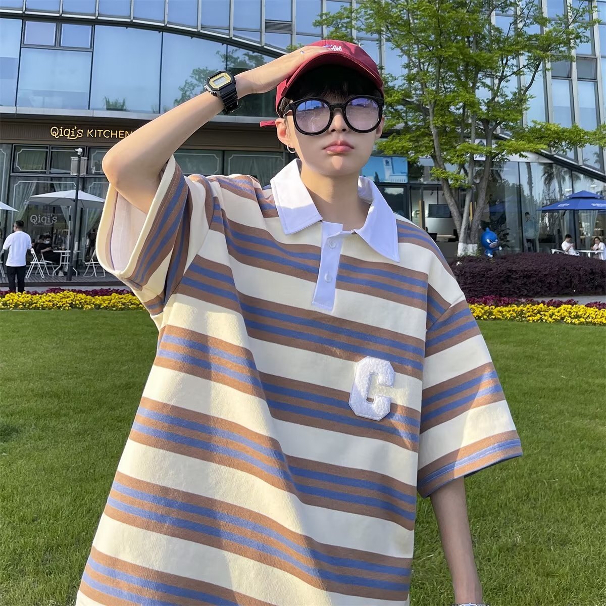 Striped short polo shirt for couples, summer loose and versatile, handsome casual top, half sleeved t-shirt