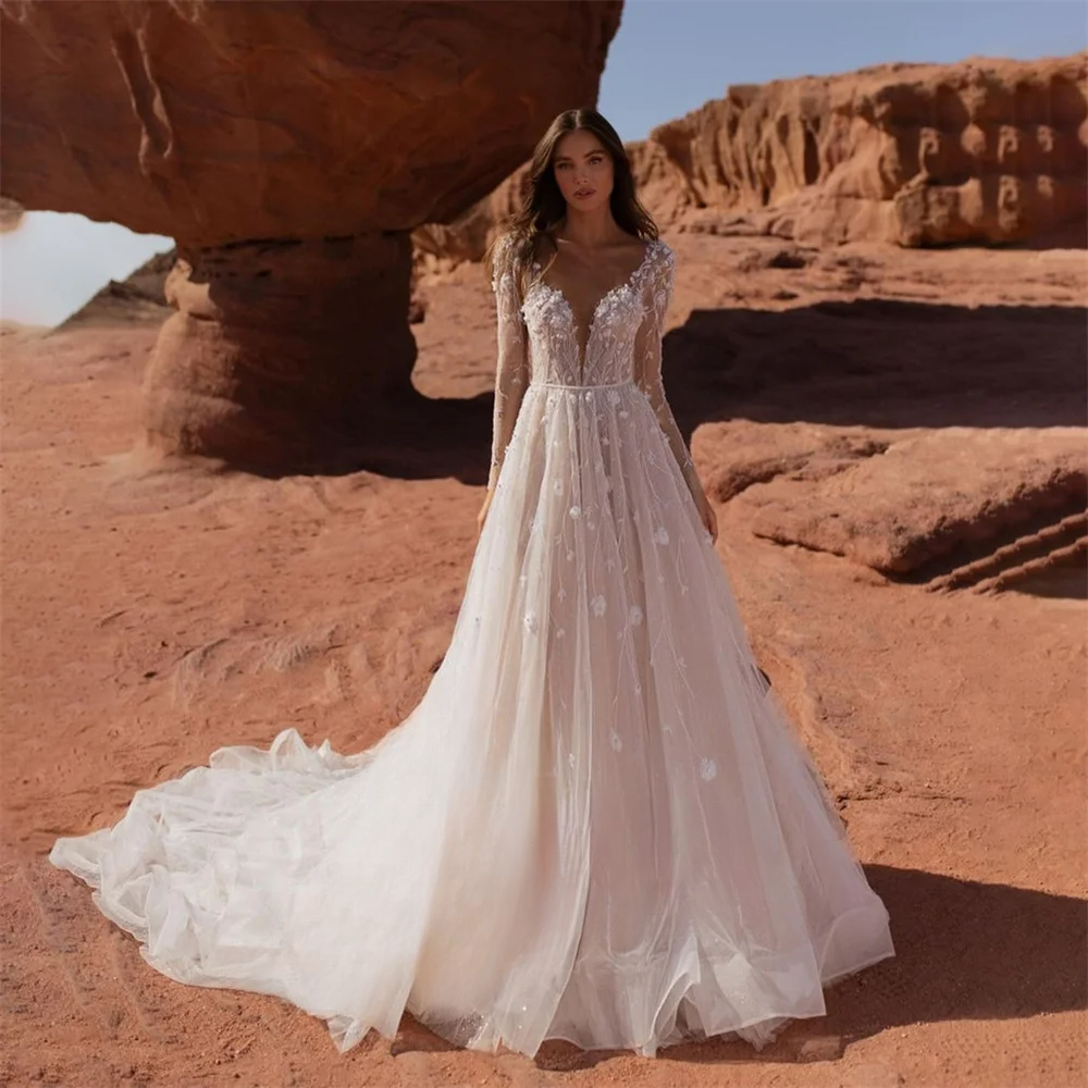 New A-e Bride V-Neck Long Sleeves Applique Tulle with Train Dresses For Woman Wedding Dress Vestidos De Novia