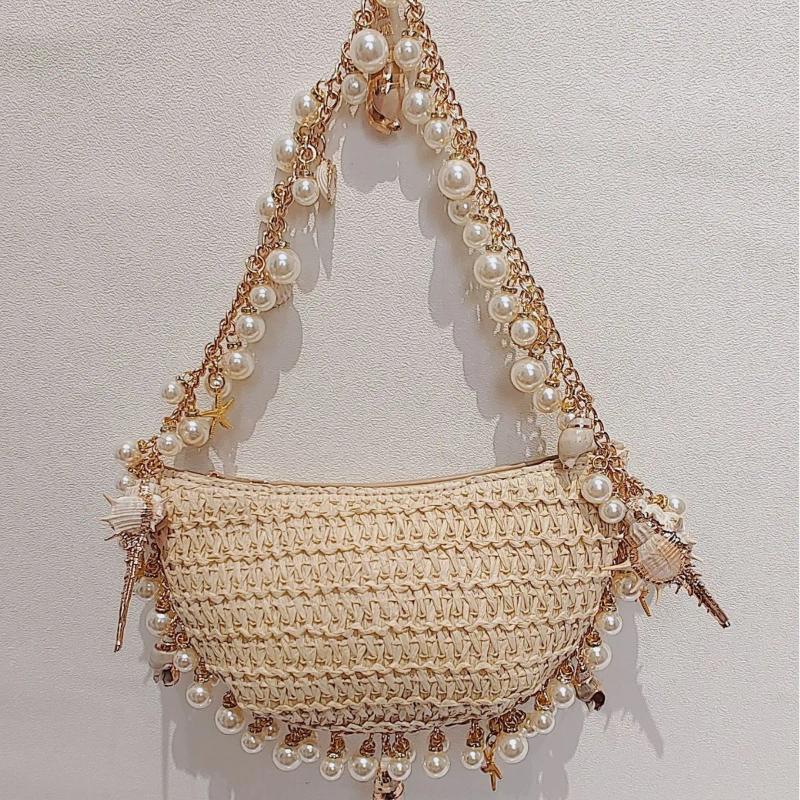 Free Shipping Hobo Summer Versatile Pearl Conch Straw Bag Fashion Shoulder Bags For Women Woven Handbags Beach Seaside Purse