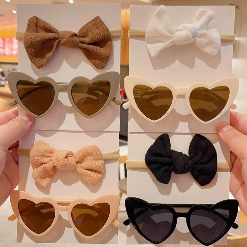 Sunglasses 2 Pcs/Set New Children Fashion Colors Special Heart Sunglasses UV400 Soft Bowknot Headbands Headwear Set Lovely Hair Accessories