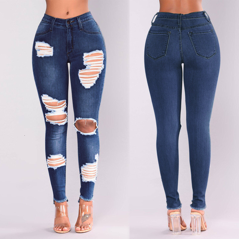 Quality Women's Denim Hole Skinny Stretchy Pencil Plus Size Jean Pants High Waist Jeans For Women