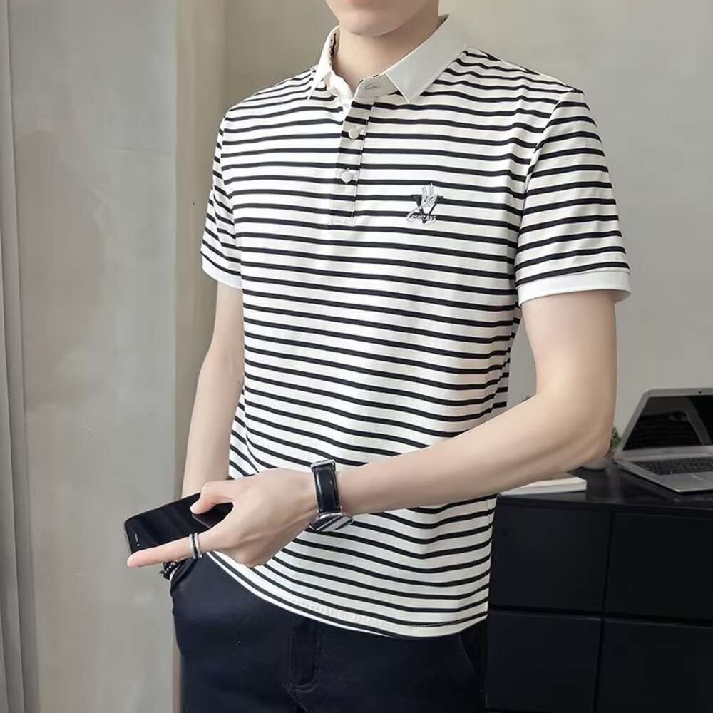 2023 New Pearl Cotton Striped Polo Shirt Short Sleeve Slim Fit Trendy Men's Fashion Summer T-shirt
