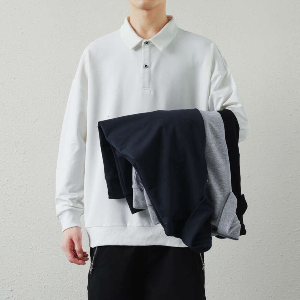 Autumn new long sleeved polo shirt top, solid color versatile cotton base shirt, lapel sweatshirt, men's pullover