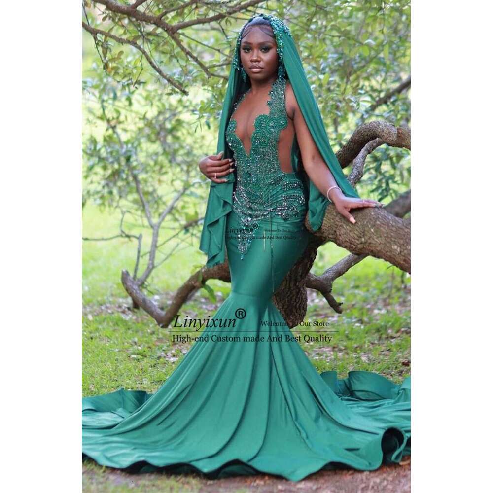 Emerald Green Wers Train Rhie Prom Black Girls Mermaid Tail Dresses Special Dress African Robe De Bal 6660306