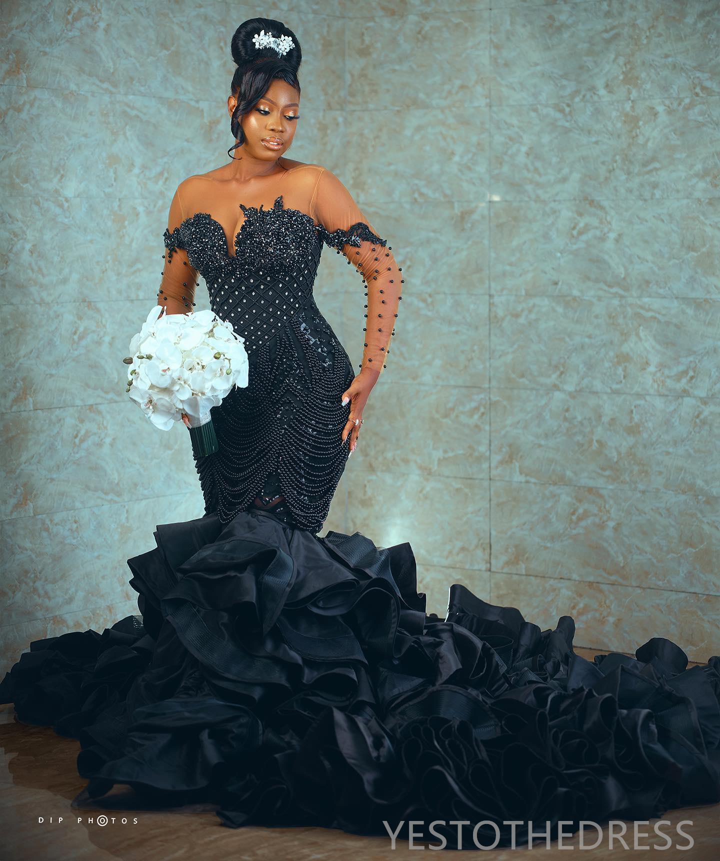 2024 Black Mermaid Wedding Dresses Bridal Gowns For Bride Sheer Neck Long Sleeves Beaded Tassel Pearls Wedding Gowns for African Arabic Women's M