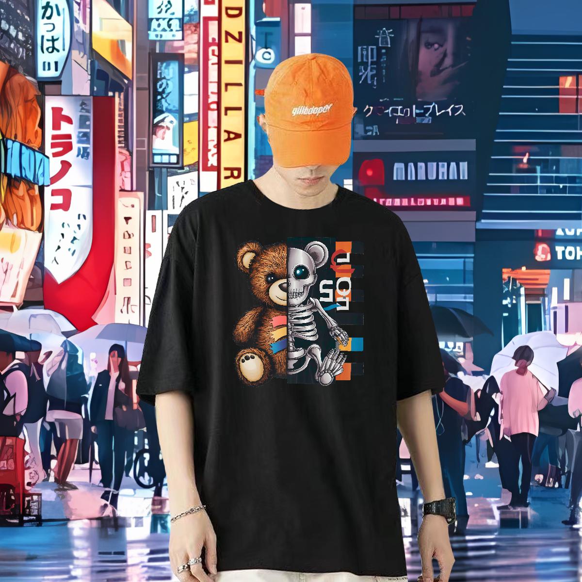 2024 Summer Man T Shirts bear 230g 100% Cotton DIY Printed Men Clothes T-Shirt High Street Hip Hop Cotton O Neck Short Sleeves Unisex Tops Tees