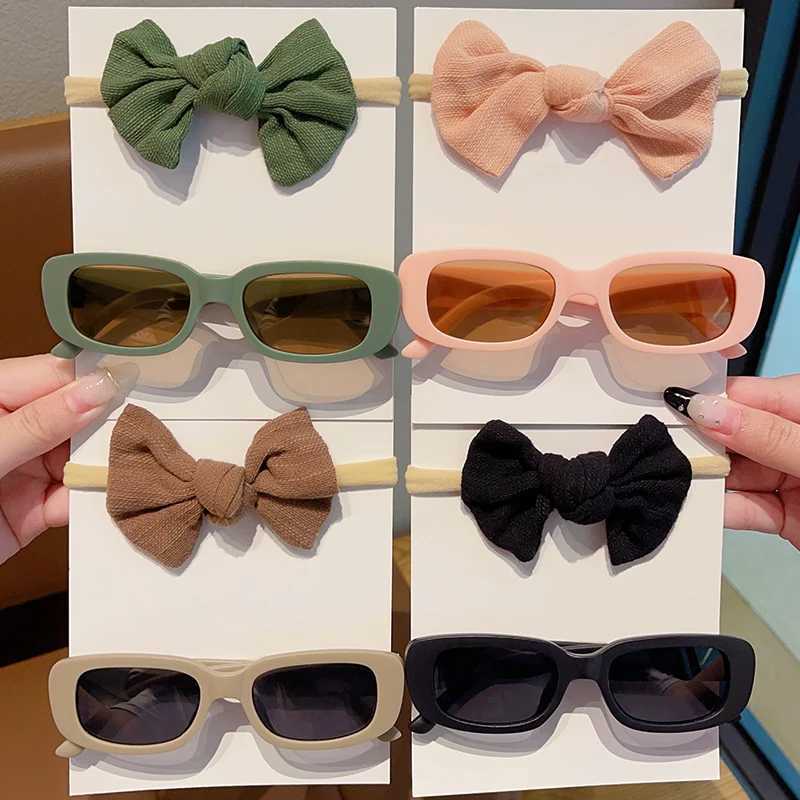 Sunglasses 2 Pcs/Set New Children Colors Soft Bowknot Headbands Vintage Frosted Rectangle Sunglasses Headwear Set Lovely Hair Accessories