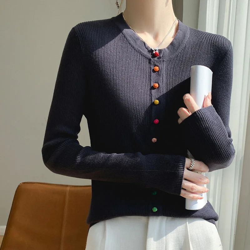 Womens 100% Merino Wool Sweater Round Collar Colorful Buckles Slim Fit Cardigan Autumn Winter Warm Jacket Casual Knit Basic Top 240712