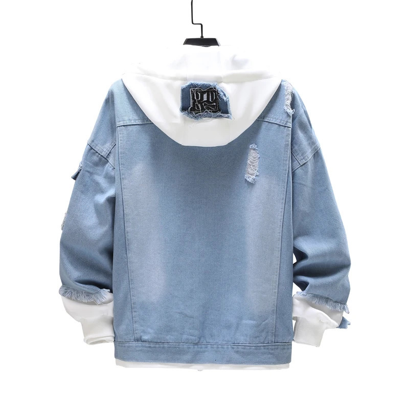 Men Denim Jacket Streetwear Hip Hop Mens Hooded Jean Jackets Male Casual Loose Outerwear Spring Fashion Slim Fit Coat 240712