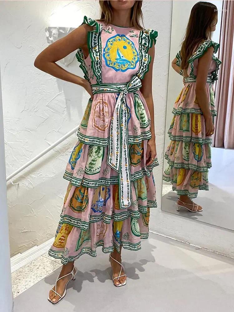 Casual Dresses Fashion O Neck Sleeveless Belt A-line Women Printed Layered Ruffles Cake Dress Summer Elegant Female Vacation Party Robe