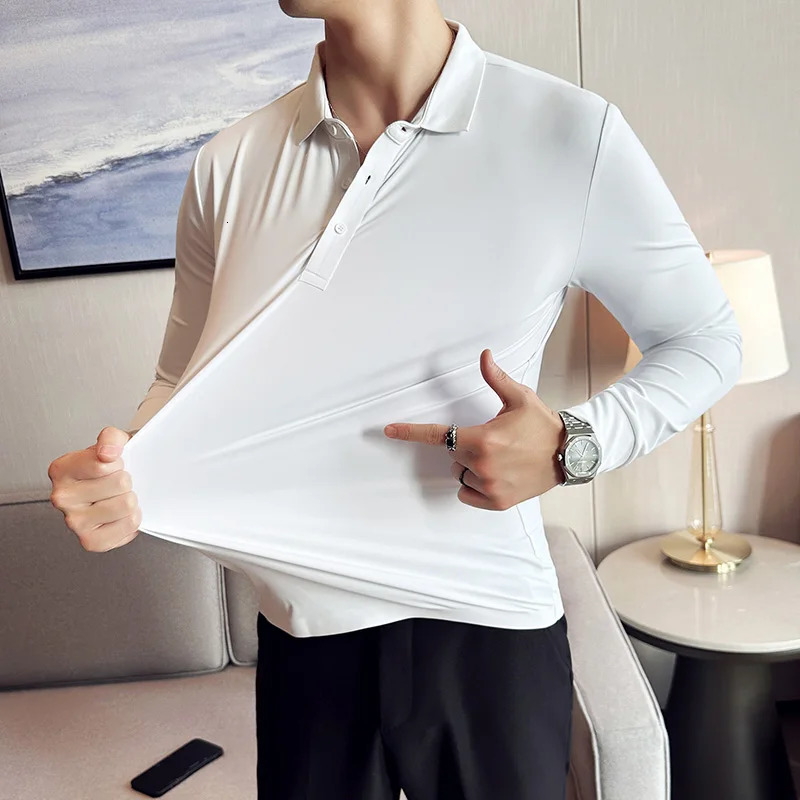 High Elasticity Men POLO Shirt Autumn Base Tops Ice Silk Fabric Solid Casual Long Sleeve POLO Shirt Casual Slim Fit T Shirt 240715