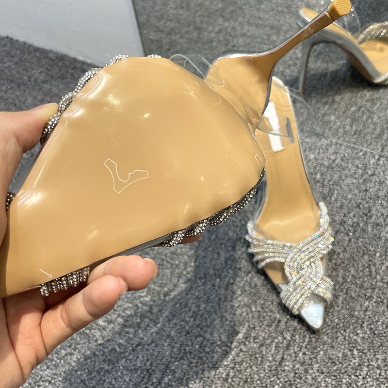 High heeled sandals for women in spring and summer, PVC transparent rhinestone thin women's high-heeled shoes for women
