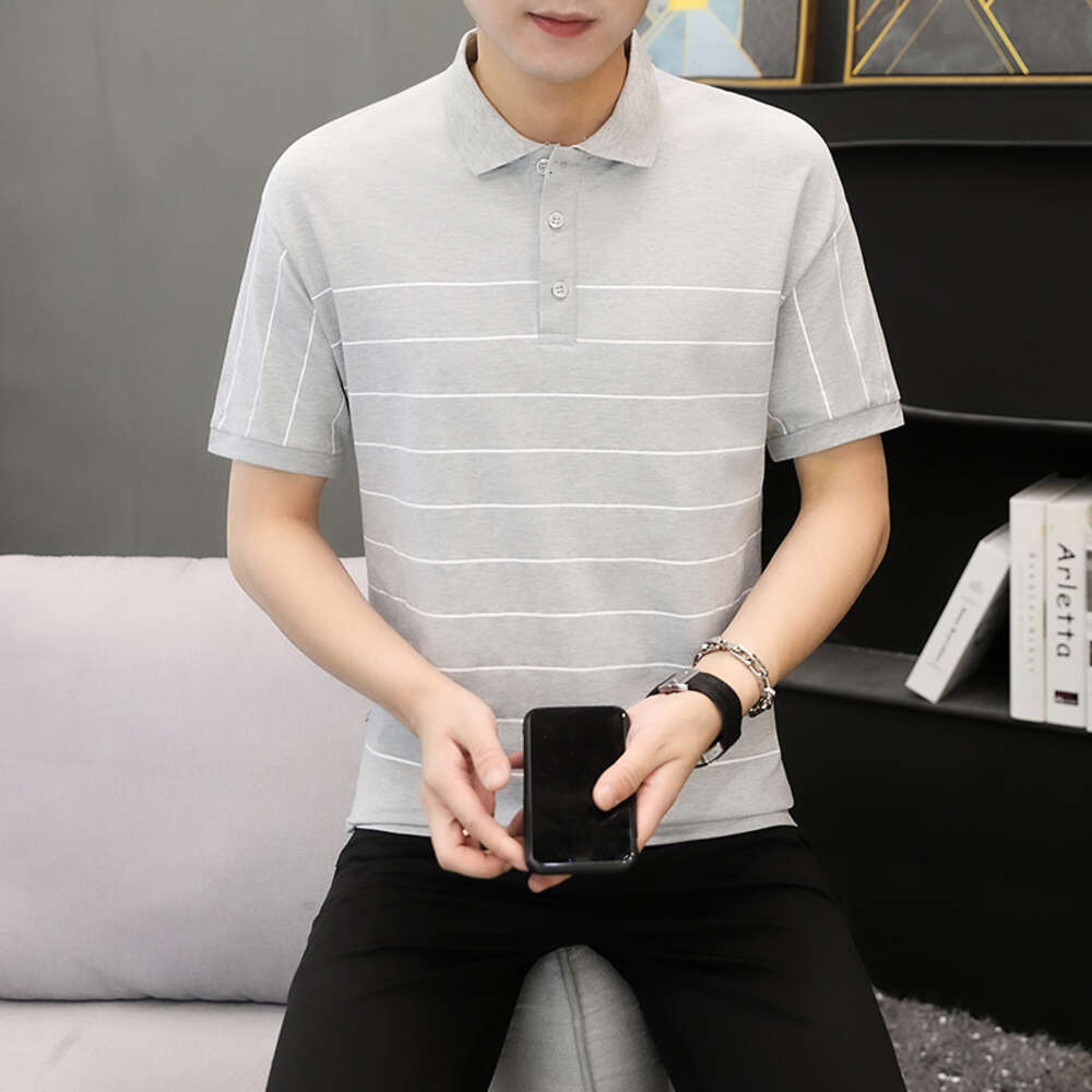 Mesh eyed cotton elastic half sleeved POLO shirt for men's summer casual color contrast striped T-shirt