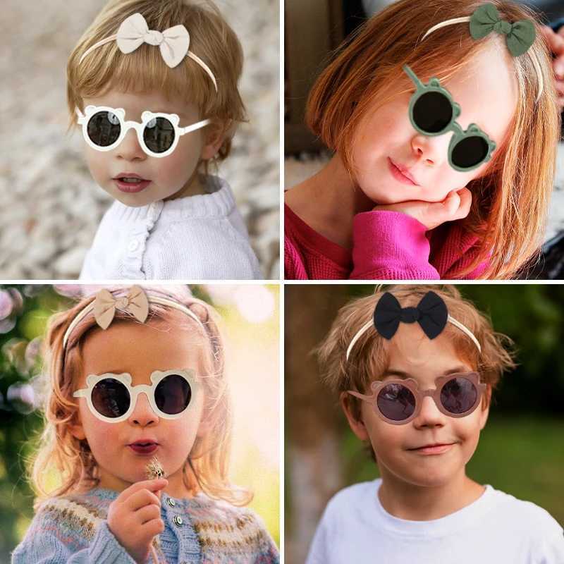 Sunglasses 2 Pcs/Set Cute Solid Color Soft Bowknot Headbands Bear Ears Sunglasses Children Hair Bands Headwear Set Lovely Hair Accessories