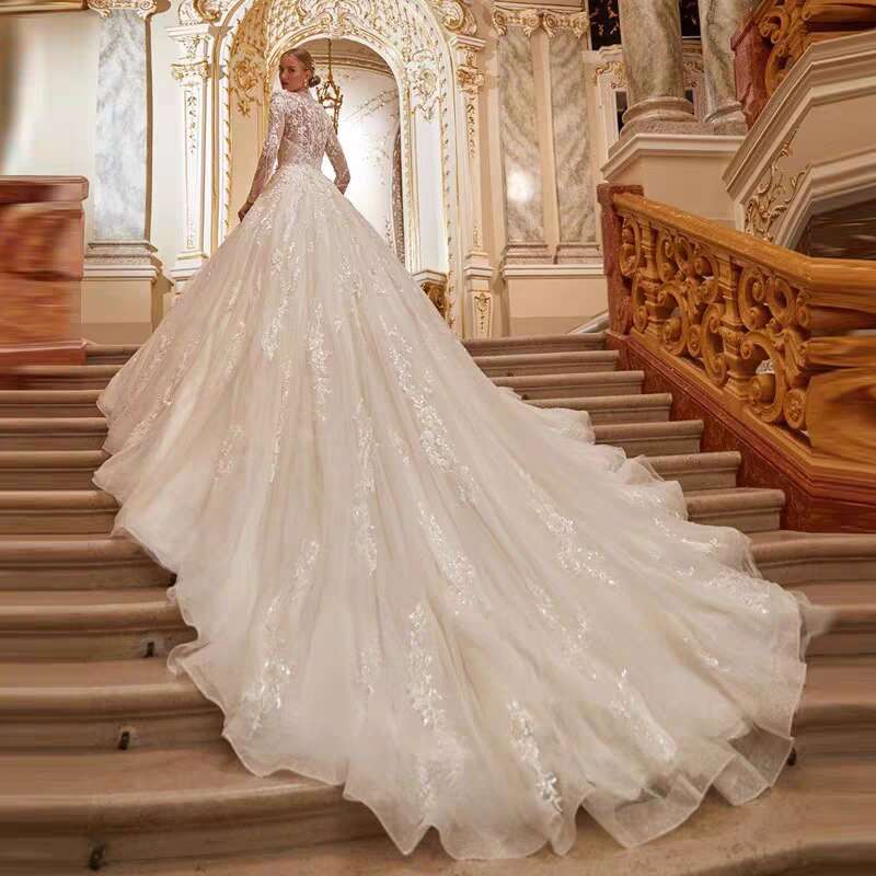 Sleeves Long Lace Wedding Dress A E High Neck Button Muslim Bridal Gown Applique Tulle Custom Made Vestido De Noiva pplique