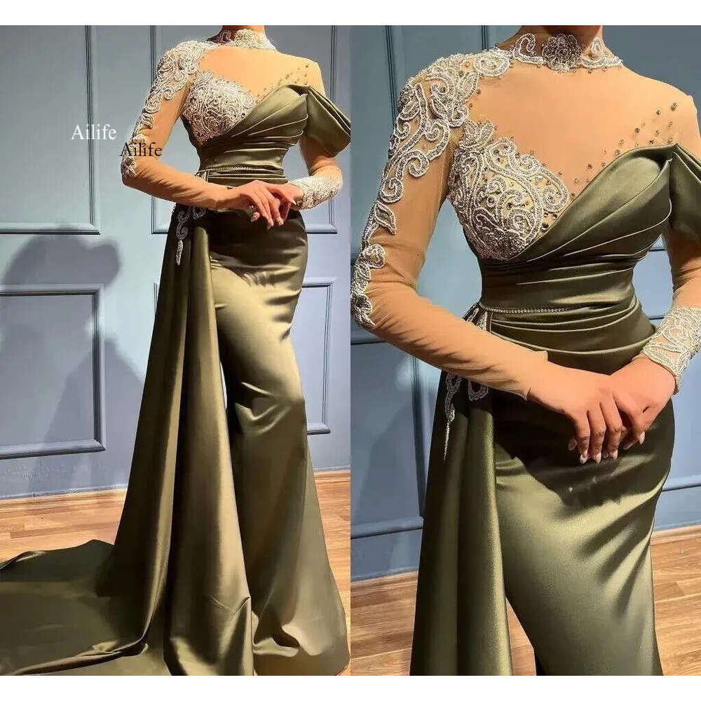 Evening Dresses Plus Size New Prom Party Gown Formal Mermaid Long Sleeve Beaded Satin Illusion Or-Length Custom High Neck Trumpet Crystal 0716