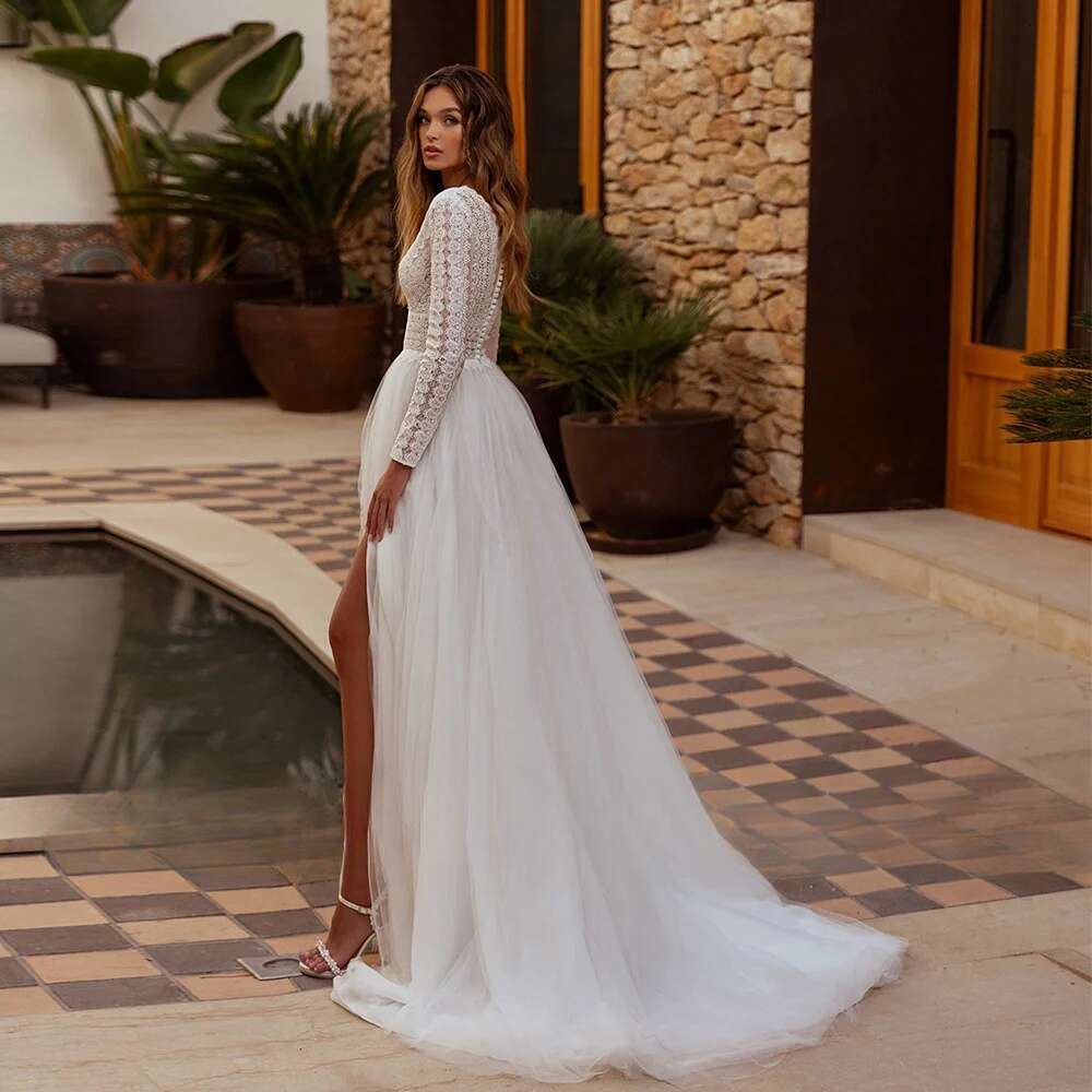 New Bohemian Lace Vestidos Novia Long Sleeves V Neck Boho High Split Wedding Dresses Appliques Vestido De Noiva