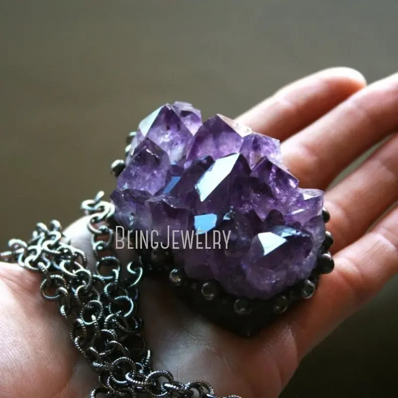10pcs Amethyst Crystal Cluster Perndant Statement Necklace Wicca Witch Goth Jewelry Halloween Y2k Stainless Steel Boho Jewelry 240715