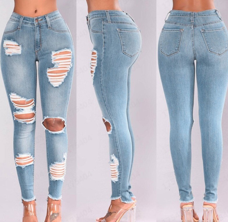 Quality Women's Denim Hole Skinny Stretchy Pencil Plus Size Jean Pants High Waist Jeans For Women