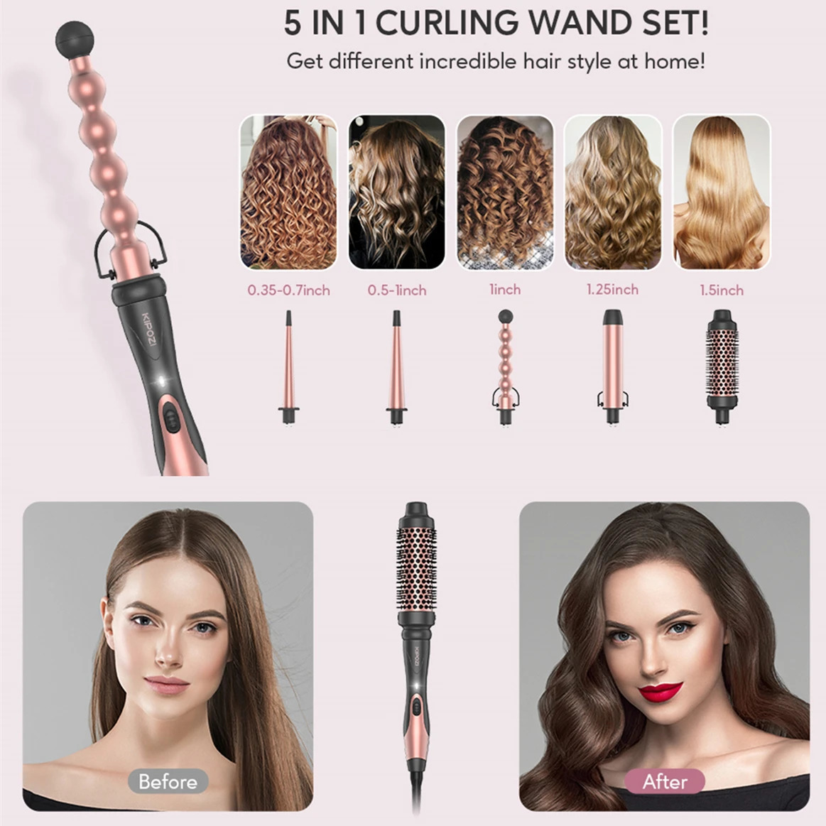 KIPOZI Professional Curling Iron 5-in-1 Hair Tools Instant Heating Electric Curling Iron Air Brush Ceramic Barrels for Woman 240712