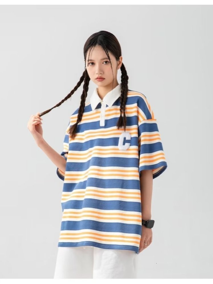 Striped short polo shirt for couples, summer loose and versatile, handsome casual top, half sleeved t-shirt