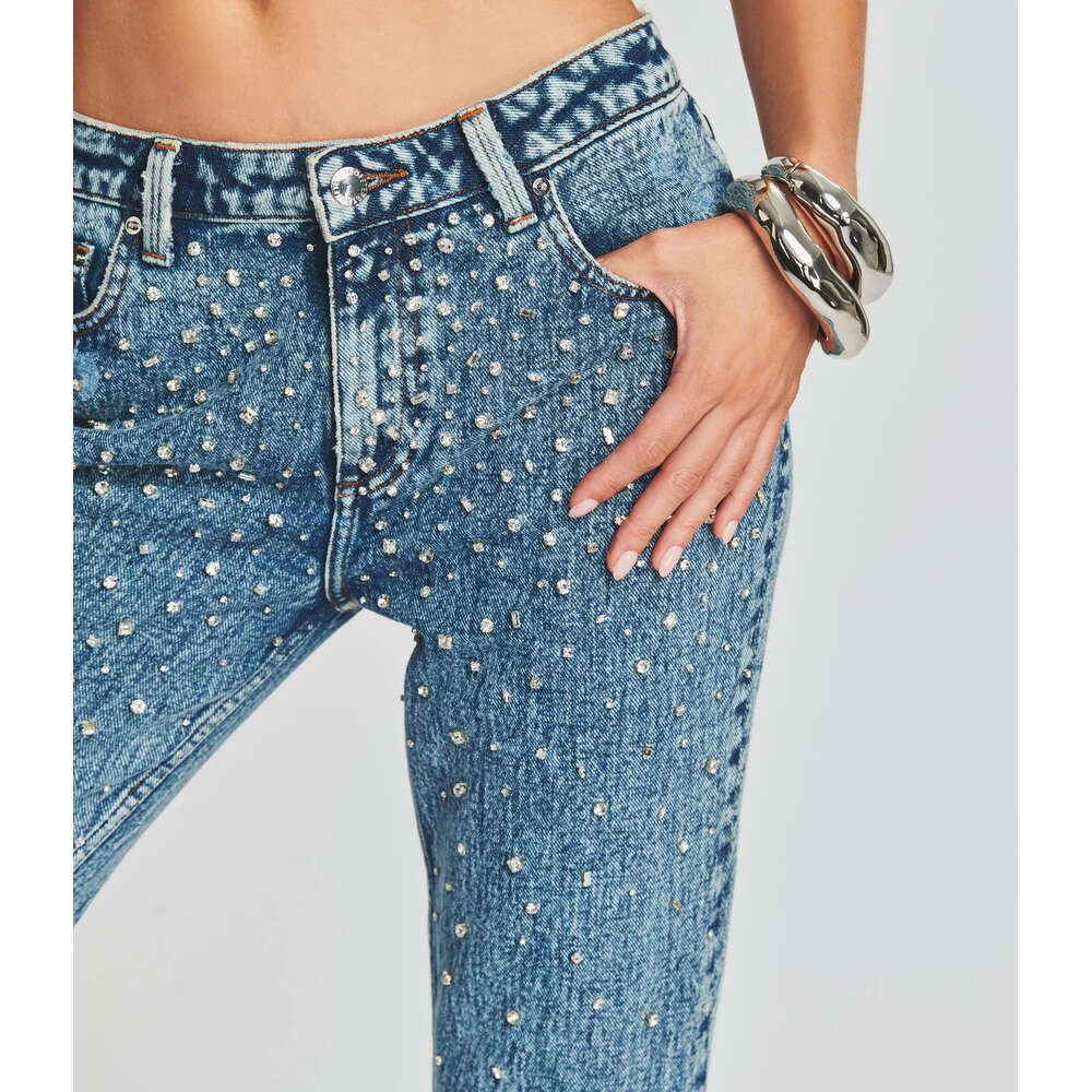 High Quality Women's Denim Skinny Mid Waist acid wash crystal embellishments Jeans For Women
