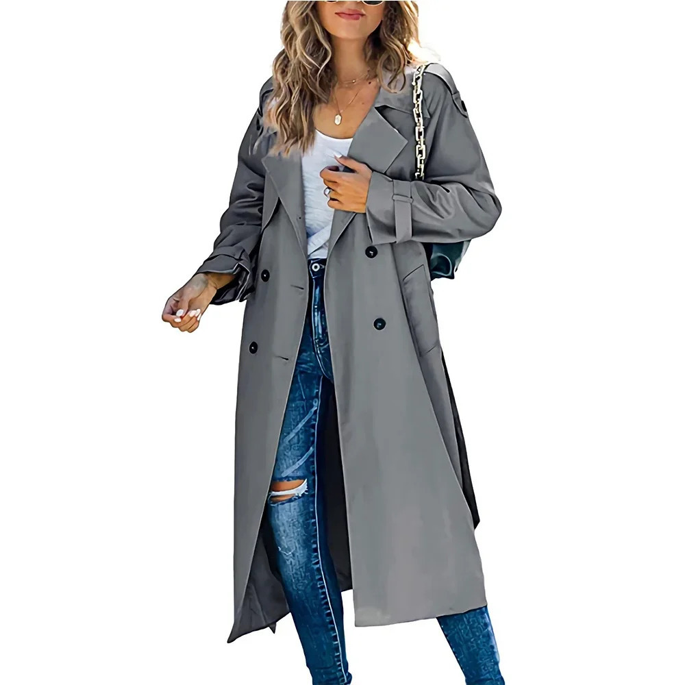 Womens Windbreaker Coat Fashion Long Pocket Lapel Button Windbreaker British Style Over The Knee Long Coat Office Wear 240703
