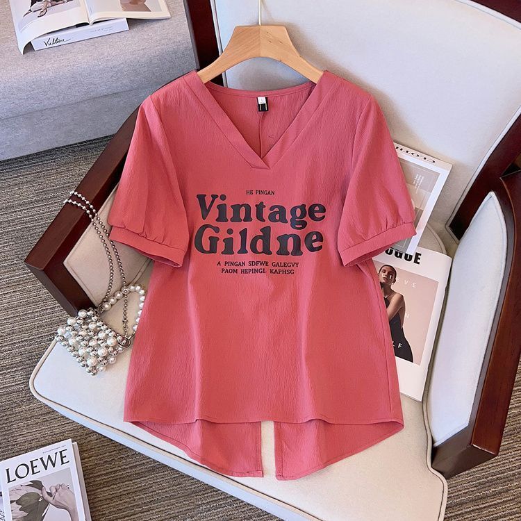 Designer women's clothing S-4XL cotton shirt short sleeved T-shirt 2024 summer new Korean version loose women's big V-neck top trend
