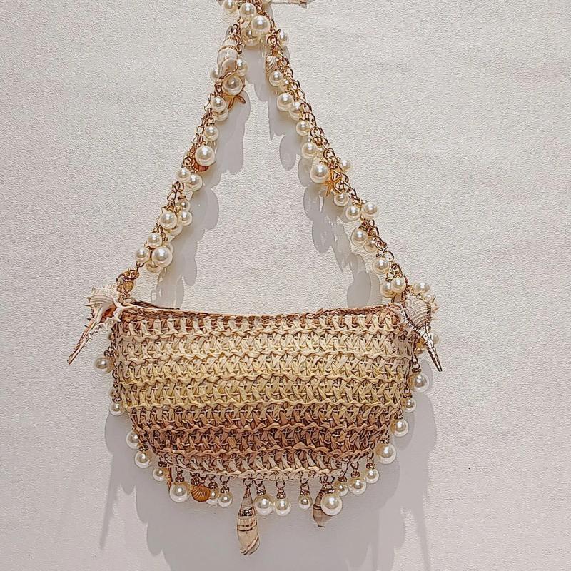 Free Shipping Hobo Summer Versatile Pearl Conch Straw Bag Fashion Shoulder Bags For Women Woven Handbags Beach Seaside Purse