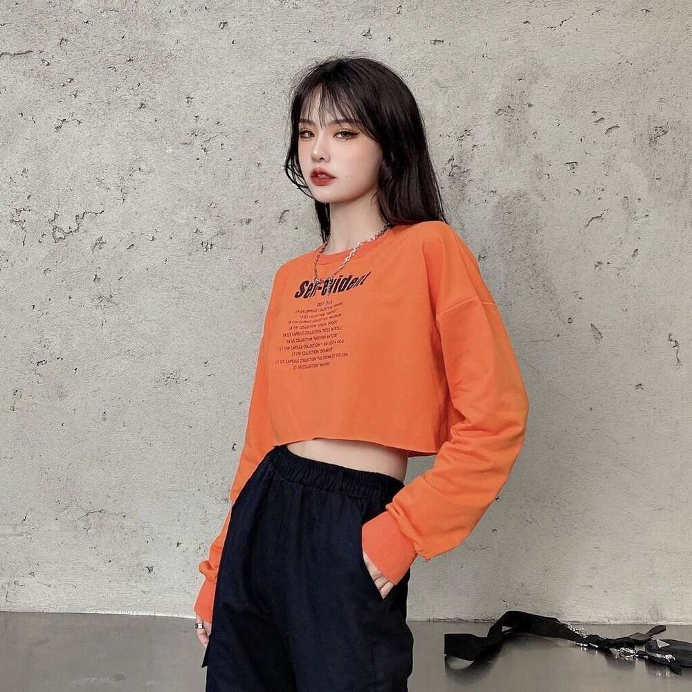 Women's Crop Top High Waisted Jazz Street Hip Hop Tee Fashion Letters Floating Waist Long Sleeve T-shirt Oversized Korean Teenage Clothes