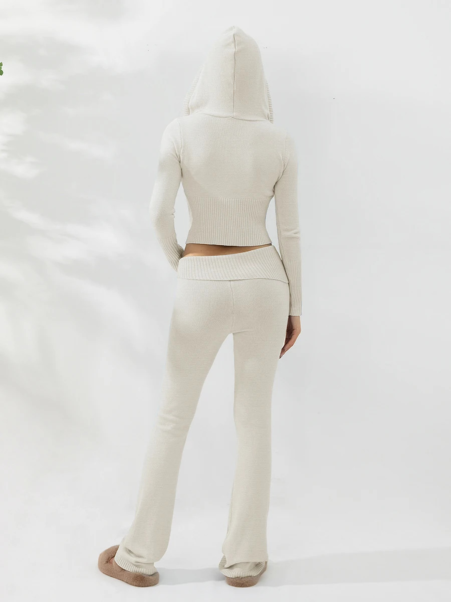 Women Cozy Ribbed Knit Lounge Set Long Sleeve Zip Up Hoodie with High Waist Wide Leg Pant 2 Piece Loungewear Ensemble Casual 240712