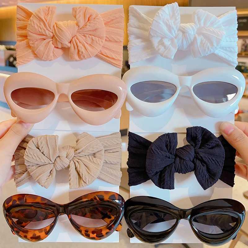 Sunglasses 2 Pcs/Set Boys Girls Lovely Colorful Soft Bowknot Wide Hairbands Fashion Lip Shaped UV400 Sunglasses Set Lovely Hair Accessories