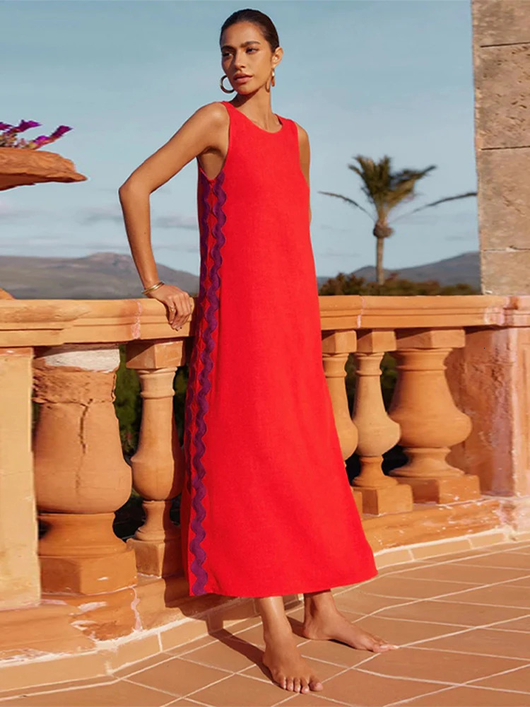 Elegant O-neck Wave Maxi Dress Women Fashion Sleeveless Solid Vacation Beach Dresses Summer Female Casual Loose Street Robes 240708