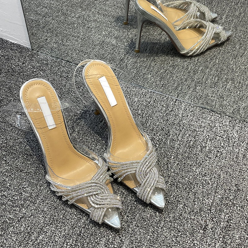 High heeled sandals for women in spring and summer, PVC transparent rhinestone thin women's high-heeled shoes for women