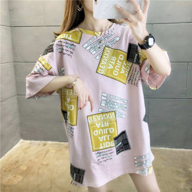 2024 Summer Women's Fashion Loose Slim Letter Printing Simple and Casual Western Style Versatile Mid length Round Neck Short Sleeve T-shirt