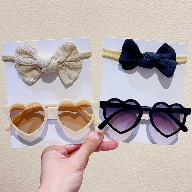 Sunglasses 2 Pcs/Set New Baby Girls Cute Solid Bowknot Hairbands Children Heart Sunglasses Hair Bands Headwear Kids Lovely Hair Accessories