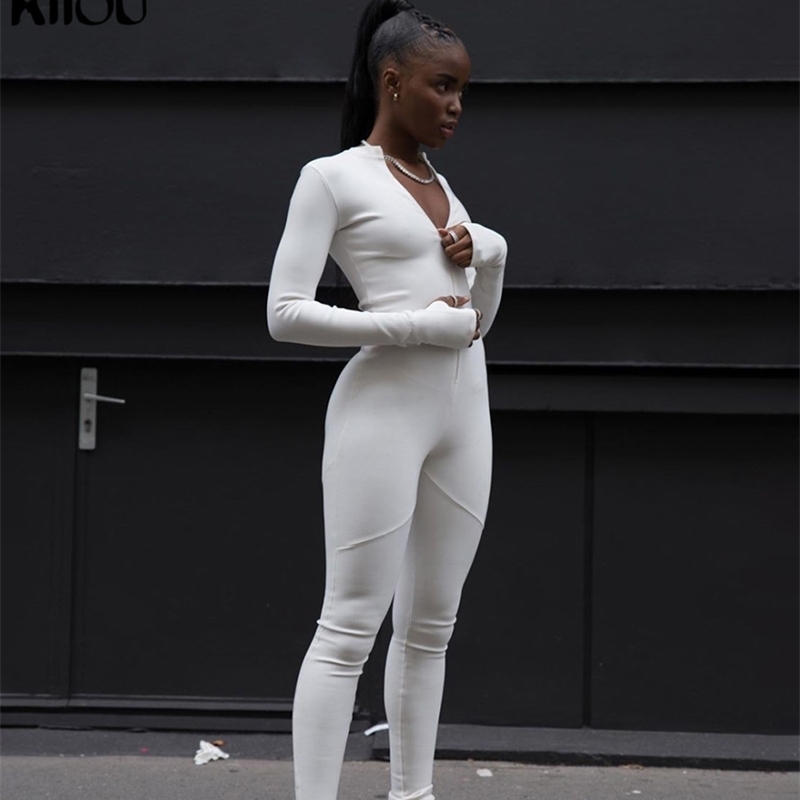 Kliou Solid Black/White Bodycon Jumpsuit Women Sporty Rompers Summer Fitness Long Sleeve Zipper Elastic One Piece 240703