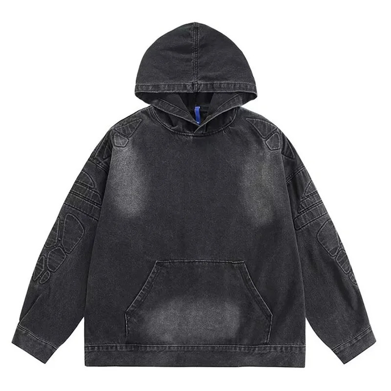 Denim Hooded Jacket Men Women Convex Turtle Shell Pattern Loose Casual Vintage Sweatshirt Coat Street Washed Denim Pullovers 240712