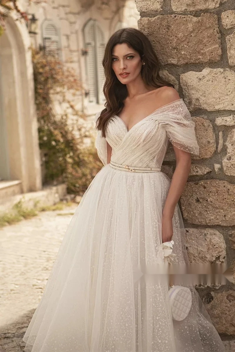 Short Dresses A-e Off the Shoulder Tulle Tea Length Summer Beach Wedding Gown with Belt