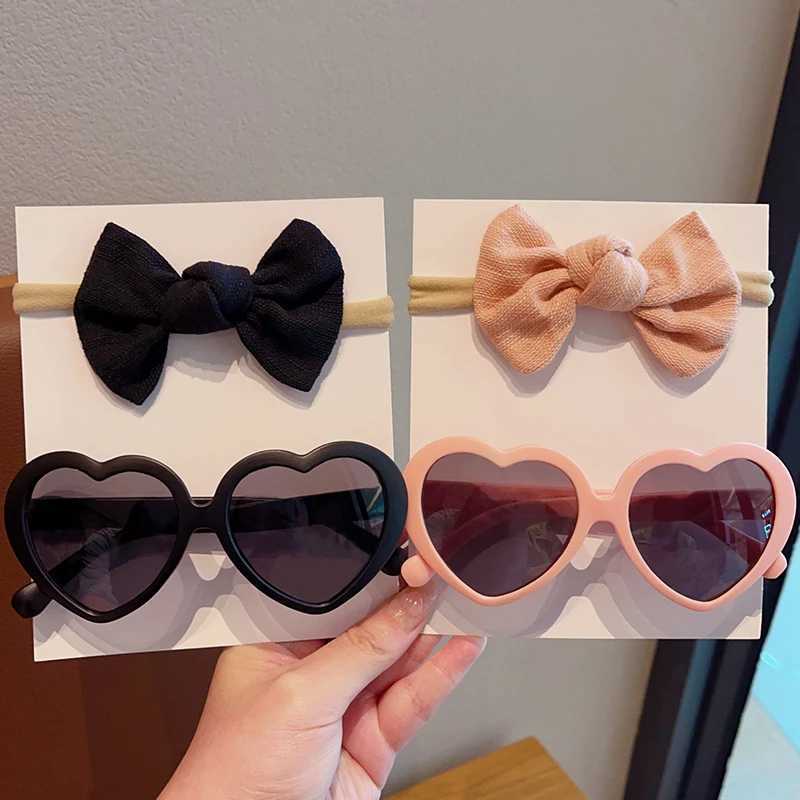 Sunglasses 2 Pcs/Set New Children Colors Soft Bowknot Headbands Heart Circle Edge UV400 Sunglasses Headwear Set Lovely Hair Accessories