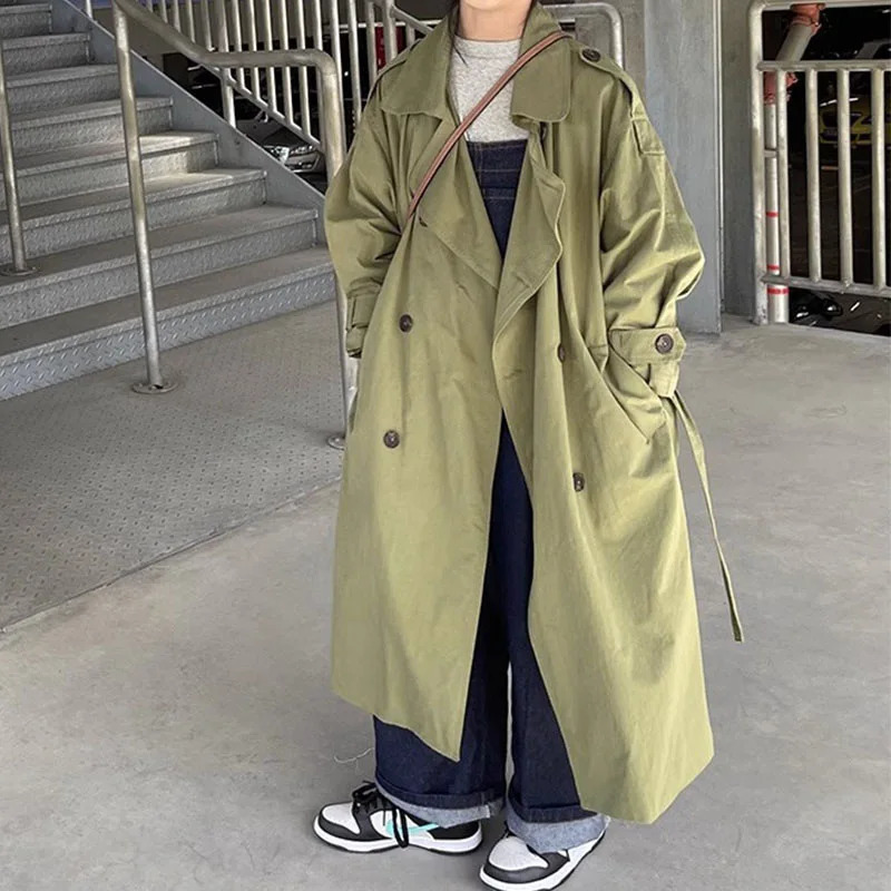 Children Clothing Girl Fashion Trench Coat Spring Autumn Korean Style Green Coat Cotton Casual Simple Long Kids Trench Coat 240713