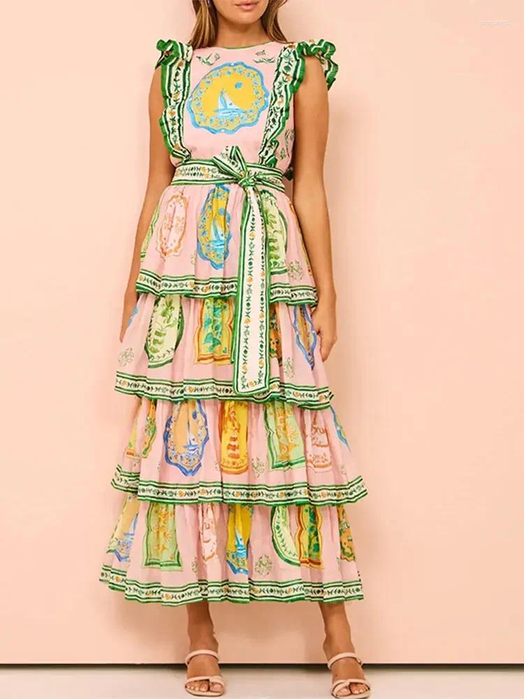 Casual Dresses Fashion O Neck Sleeveless Belt A-line Women Printed Layered Ruffles Cake Dress Summer Elegant Female Vacation Party Robe