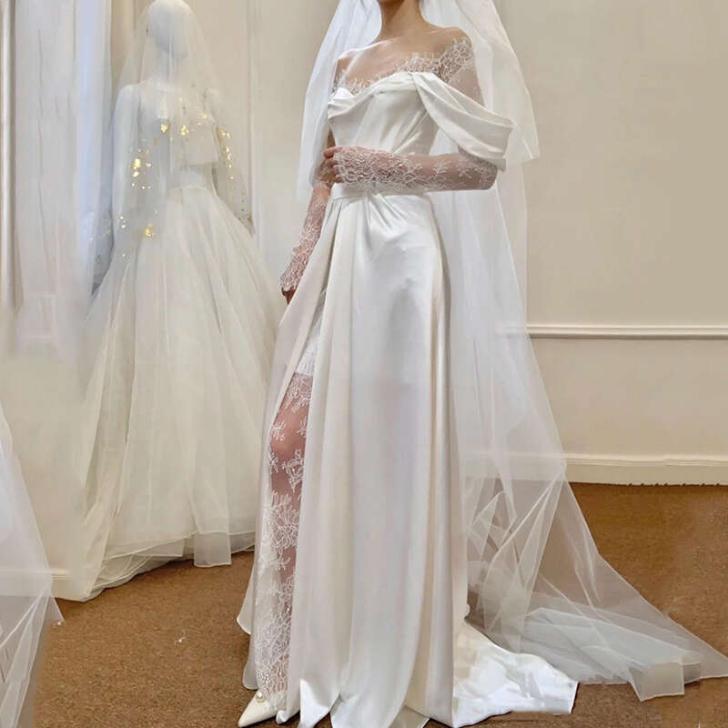 Satin Dresses With Small Train Vintage Lace Bride Dress A-e Full Sleeve Boho Wedding Gowns Vestido De Noiva