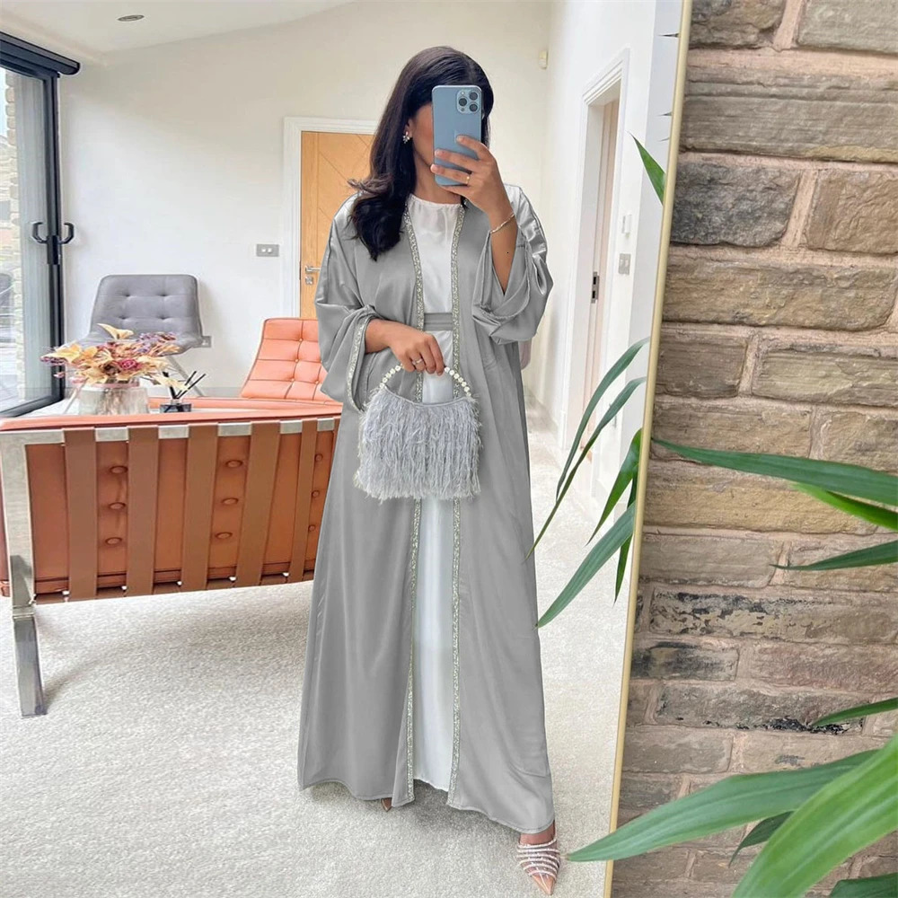 Open Abaya Arabic Long Dress Women Shiny Satin Diamonds Eid Ramadan Muslim African Dresses Islam Turkey Modest Outfit Abayas 240715