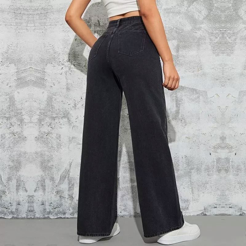 women's washed blue high-waisted fashion casual hot wide-leg jeans