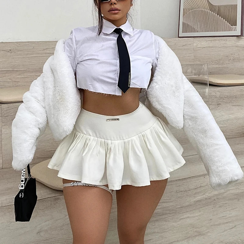 Kawaii Super-short Pleated Skirts Spicy Girl High Waist Bodycon Y2K Vintage White Micro Mini Skirt Korean Fashion Club Night 240710