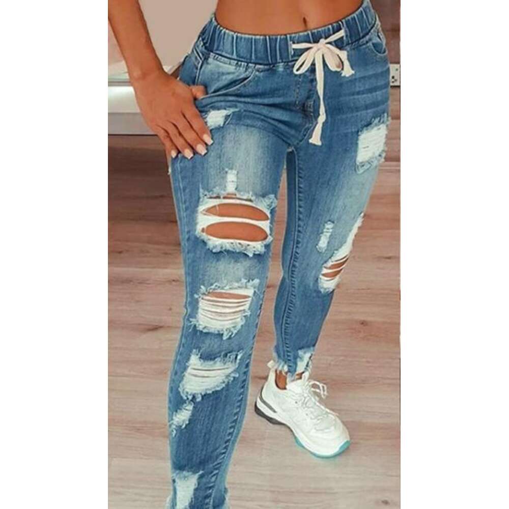 2024 Cross Border European And American Elastic Women's Jeans High Waist Perforated Small Feet Lace Up Pants